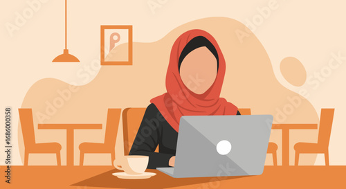 Muslim woman in a hijab focused on working with her laptop at a modern cafe. Ideal for concepts of remote work, business, education, and digital lifestyle.