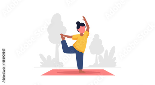 Person practicing yoga's Lord of the Dance pose on a mat in a park setting. Represents balance, mindfulness, health, and a peaceful lifestyle.