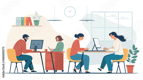 Diverse professionals diligently work on computers and laptops in a modern, collaborative office environment. Ideal for business, technology, and productivity themes.