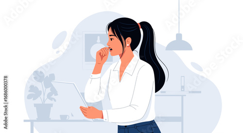 Anxious professional woman biting her nails, deeply focused or stressed while reviewing documents in an office setting. Represents work pressure and mental strain.