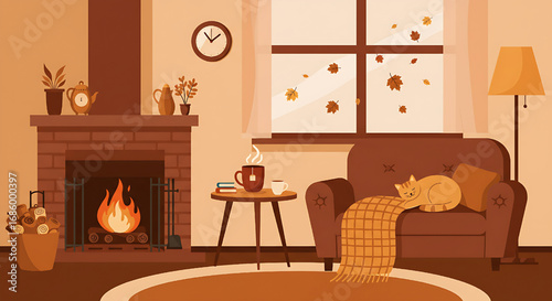 Cozy Autumn Living Room with Fireplace, Cat, and Coffee: Fall Season Illustration