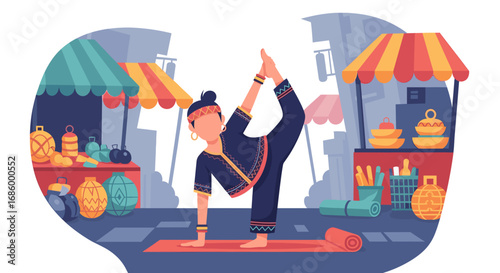 Woman in traditional attire practices a balanced yoga pose amidst a vibrant street market. Depicts wellness, cultural lifestyle, and mindfulness.