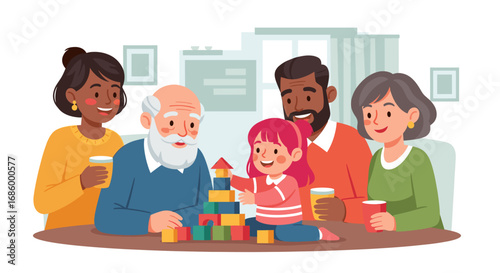Happy multi-generational family playing with building blocks, fostering development and bonding. Captures joyful home life, childhood, and familial support.