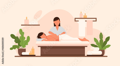 Professional therapist giving a relaxing back massage to a client in a serene spa setting with plants and candles, promoting wellness and self-care.