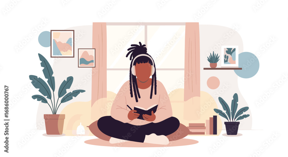 Fototapeta premium Young person with dreadlocks relaxing at home, sitting cross-legged with headphones, reading a book in a cozy, bright room. Embracing comfort and personal well-being.