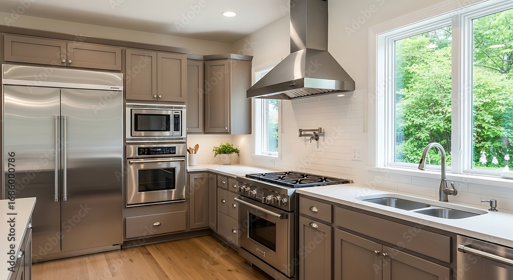 Fototapeta premium Modern Kitchen Interior: A bright and airy kitchen features modern stainless steel appliances, elegant wooden cabinetry and an abundance of natural light through large windows.