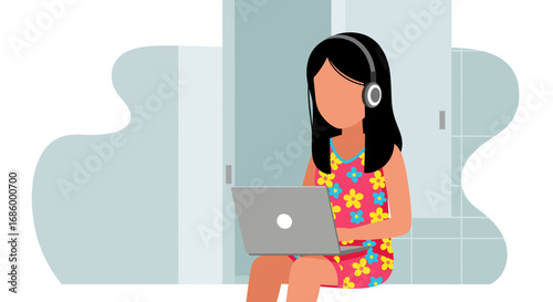 Casual woman with headphones using a laptop, representing flexible work, online education, or personal digital lifestyle from home.