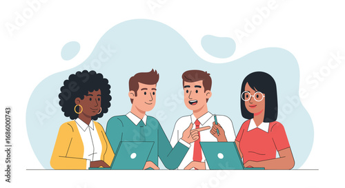 Diverse business team collaborates on laptops, actively discussing ideas in a modern office setting, representing teamwork, communication, and productivity.