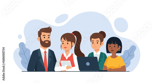 Happy diverse business team collaborating digitally with laptop and tablet. Represents teamwork, communication, and successful modern workplace interaction.