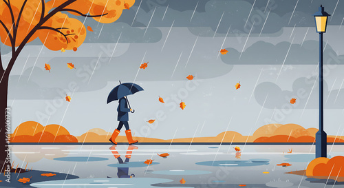 Autumn Rain Scene: Person Walking with Umbrella, Fall Leaves, Rainy Day Landscape