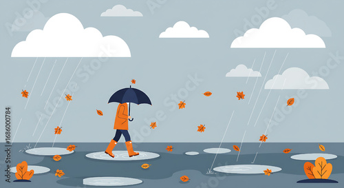 Person with Umbrella Walking in the Rain Autumnal Scene with Leaves and Puddles
