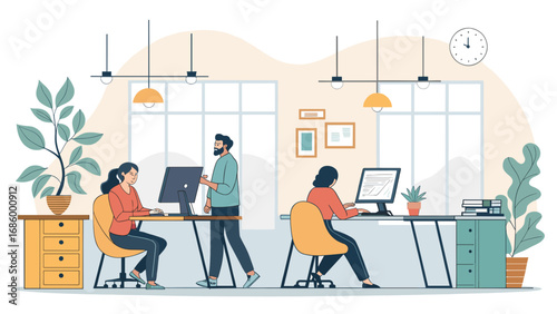 Professionals collaborate and work efficiently in a bright, modern office setting, showcasing teamwork and contemporary workspace.