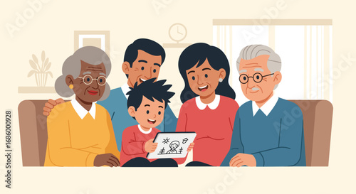 A happy multi-generational family shares a joyful moment together while looking at a tablet, illustrating modern family connection and technology use.