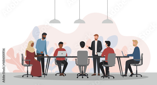A diverse group of professionals from various backgrounds collaborates actively in a modern office meeting room, fostering teamwork and innovation.