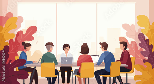 A diverse team of professionals collaborates in a modern office meeting room, surrounded by vibrant autumn foliage, fostering innovation and strategic discussion.