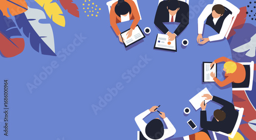 Top-down view of a diverse business team actively collaborating on projects, brainstorming innovative ideas, and discussing strategic plans in a modern office environment.