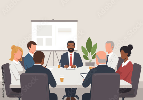 A diverse team of professionals engages in a productive business meeting, discussing strategies and collaborating on important corporate decisions.