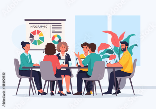 A diverse team of professionals collaborates effectively in a modern office meeting room, analyzing data presented on an infographic screen.