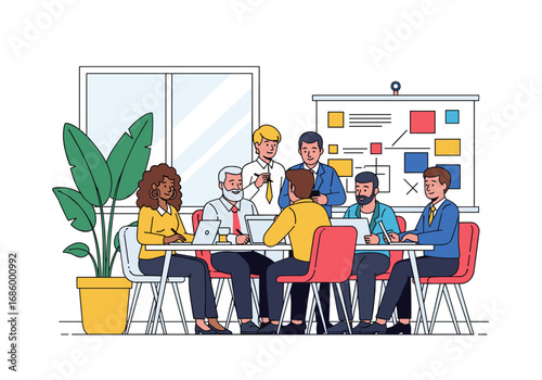 Diverse business professionals collaborate in a modern office meeting, discussing strategies and ideas for project development with a whiteboard presentation.