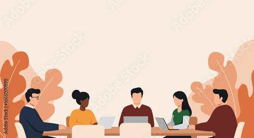 Diverse business professionals collaborate effectively around a table in a modern office, fostering teamwork and productive discussions.