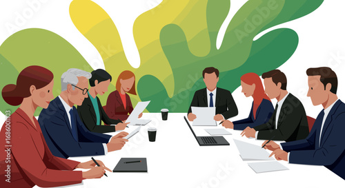 Diverse business professionals gather around a conference table, actively collaborating and discussing important strategies in a modern, dynamic corporate environment.