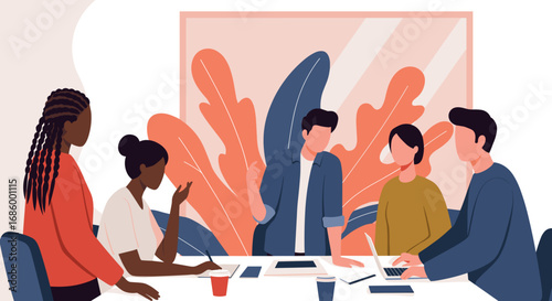 A diverse team of professionals collaborates in a modern office setting, engaging in a productive meeting with innovative ideas.