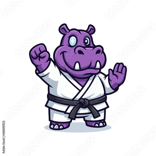 Cute Cartoon Hippopotamus Character in a Karate Uniform, a Humorous and Strong Mascot for Martial Arts and Self-Defense Designs