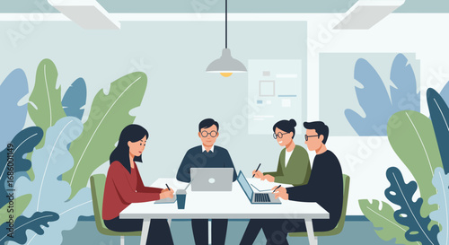 Four diverse professionals collaborate efficiently during a productive business meeting in a contemporary, biophilic office environment, fostering teamwork and innovative ideas.