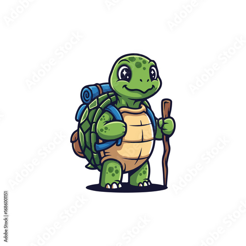 Cute Cartoon Turtle Character with a Backpack and Hiking Stick, a Charming Mascot for Adventure and Travel Designs