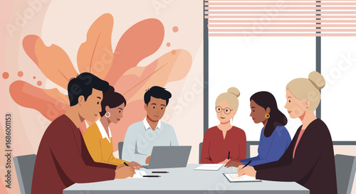 A diverse team of professionals collaborates effectively around a modern conference table, discussing important business strategies in a bright office environment.