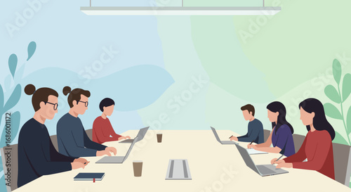 An illustration depicting two teams of diverse professionals engaging in a productive business meeting or collaborative discussion around a large conference table.