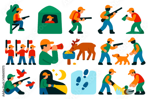 Hunting Techniques Icons. Flat vector icons of hunting methods: tree stand, ground blind, still hunting, spot and stalk, drive