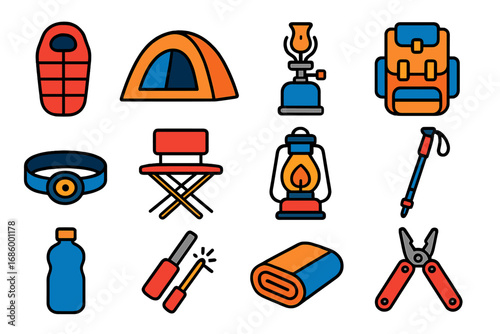 Vibrant Camping Icons. Flat vector icons of camping gear: sleeping bag, dome tent, camping stove, backpack, headlamp, foldable