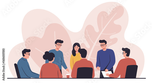 A modern illustration of diverse professionals collaborating around a conference table, fostering teamwork and effective communication in a productive business meeting.