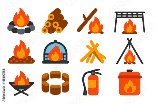 Campfire Icon Set. Flat vector icons of campfire setups: fire ring, firewood stack, firestarter stick, cooking grate, ember bed,