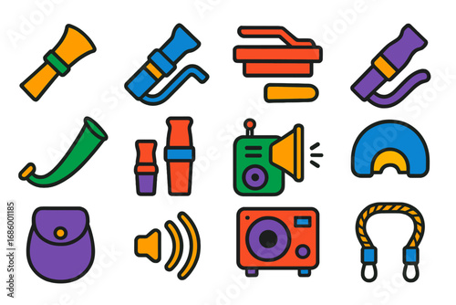 Hunting Call Icons. Flat vector icons of hunting calls: duck call, deer grunt, turkey call, predator call, elk bugle, goose honker