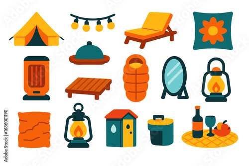 Modern Glamping Icons. Flat vector icons of luxury camping (glamping): bell tent, string lights, outdoor lounge, decorative pillow