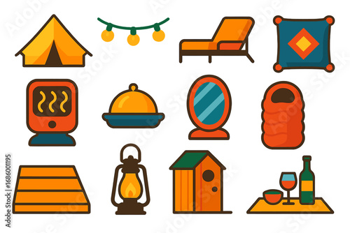 Modern Glamping Icons. Flat vector icons of luxury camping (glamping): bell tent, string lights, outdoor lounge, decorative pillow