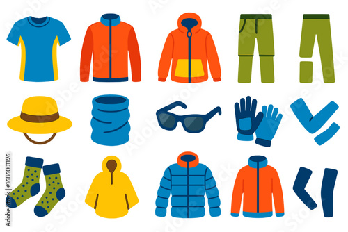 Hiking Gear Icons. Flat vector icons of hiking clothing: moisture-wicking shirt, fleece layer, windbreaker, convertible pants,