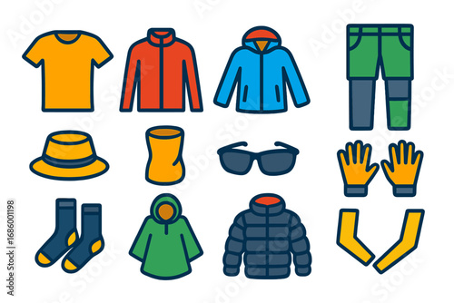 Hiking Gear Icons. Flat vector icons of hiking clothing: moisture-wicking shirt, fleece layer, windbreaker, convertible pants,