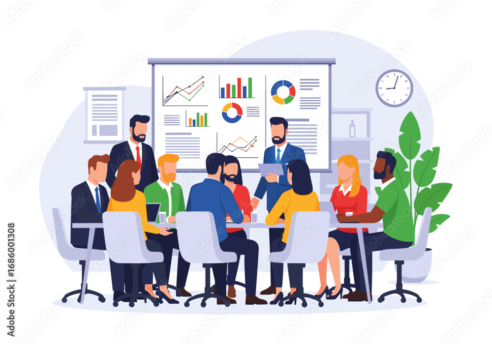 Fototapeta premium A diverse team of professionals collaborates in a modern office, analyzing data and discussing strategies during a productive business meeting.