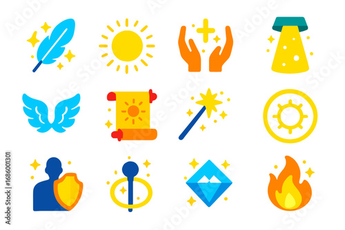 Light Magic Icons. Flat vector icons of light magic: glowing feather, radiant orb, healing hands, beam of light, white wings, holy