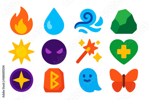 Magic Schools Icons. Flat vector icons of magic schools: school of fire, school of water, school of air, school of earth, school