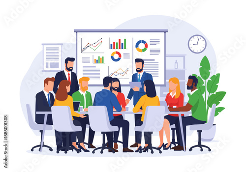 A diverse team of professionals collaborates in a modern office, analyzing data and discussing strategies during a productive business meeting.