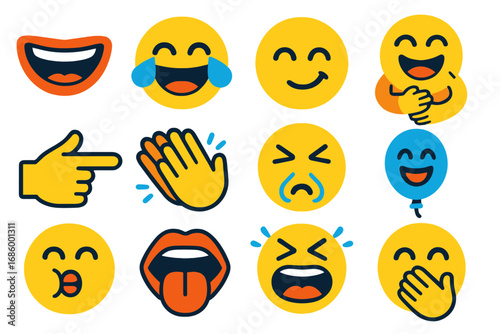 Laugh Icons Set. Flat vector icons of laugh-related elements: wide mouth laugh, tears of laughter, tilted head giggle, belly laugh