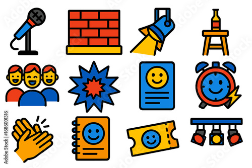 Stand-Up Comedy Icons. Flat vector icons of stand-up comedy: microphone on stand, brick wall stage, spotlight, stool with bottle,