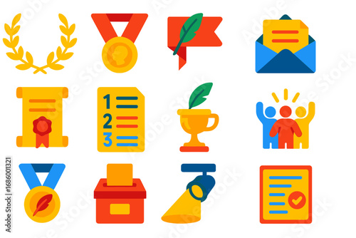 Poetry Contest Icons. Flat vector icons of poetry contests: laurel award, poet of the year medal, contest banner, submission
