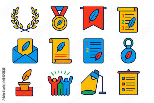 Poetry Contest Icons. Flat vector icons of poetry contests: laurel award, poet of the year medal, contest banner, submission