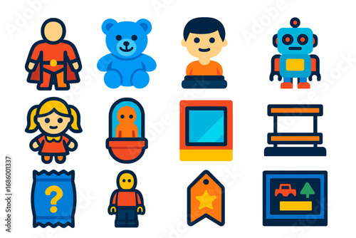 Toy Collectibles Icons. Flat vector icons of toy collectibles: action figure, plush toy, bobblehead, toy robot, collectible doll,