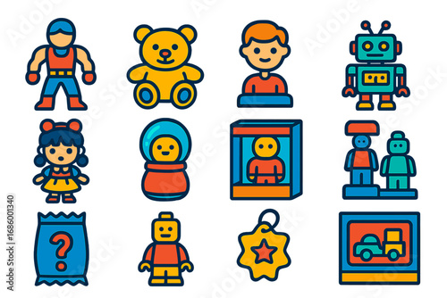 Toy Collectibles Icons. Flat vector icons of toy collectibles: action figure, plush toy, bobblehead, toy robot, collectible doll,